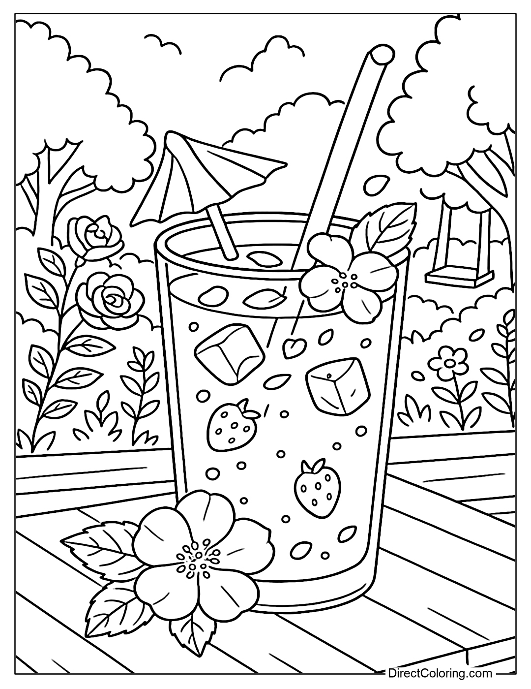 Raspberry rose soda glass coloring page with floating petals and ice cubes, garden background with white fabric swing.